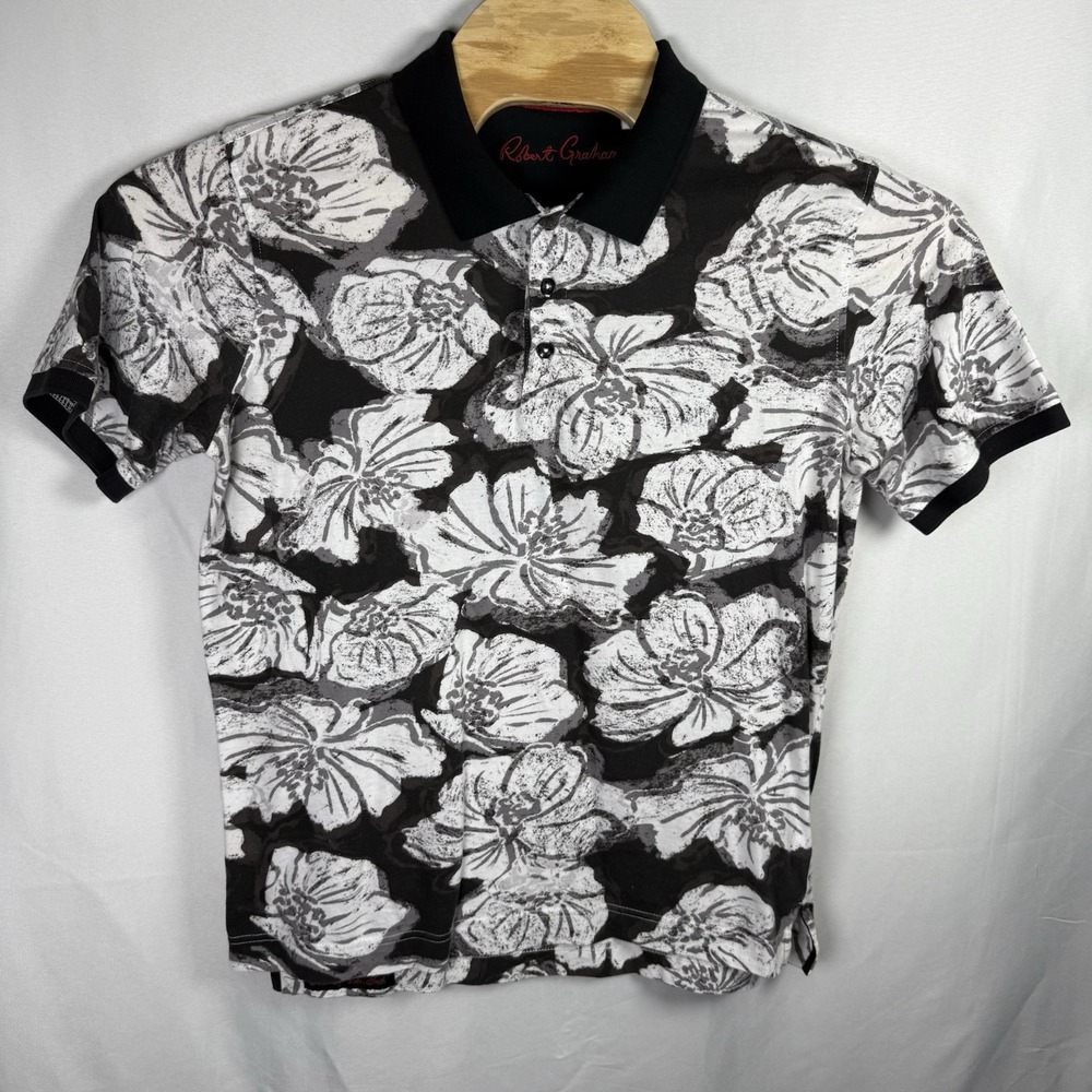 Robert Graham Polo Shirt Mens M Black White Short Sleeve AOP Floral Classic Fit